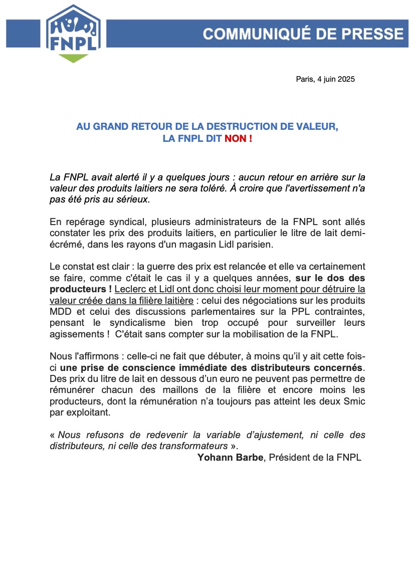 FNPL (@fnplait) on Twitter photo AU GRAND RETOUR DE LA DESTRUCTION DE VALEUR, LA FNPL DIT NON !
La FNPL avait alerté il y a quelques jours : aucun retour en arrière sur la valeur des produits laitiers ne sera toléré. À croire que l'avertissement n'a pas été pris au sérieux. <a href="/yohannbarbe/">Yohann Barbe</a> <a href="/lidlfrance/">Lidl France</a> <a href="/Leclerc/">E.Leclerc</a> AU GRAND RETOUR DE LA DESTRUCTION DE VALEUR, LA FNPL DIT NON !
La FNPL avait alerté il y a quelques jours : aucun retour en arrière sur la valeur des produits laitiers ne sera toléré. À croire que l'avertissement n'a pas été pris au sérieux. <a href="/yohannbarbe/">Yohann Barbe</a> <a href="/lidlfrance/">Lidl France</a> <a href="/Leclerc/">E.Leclerc</a>