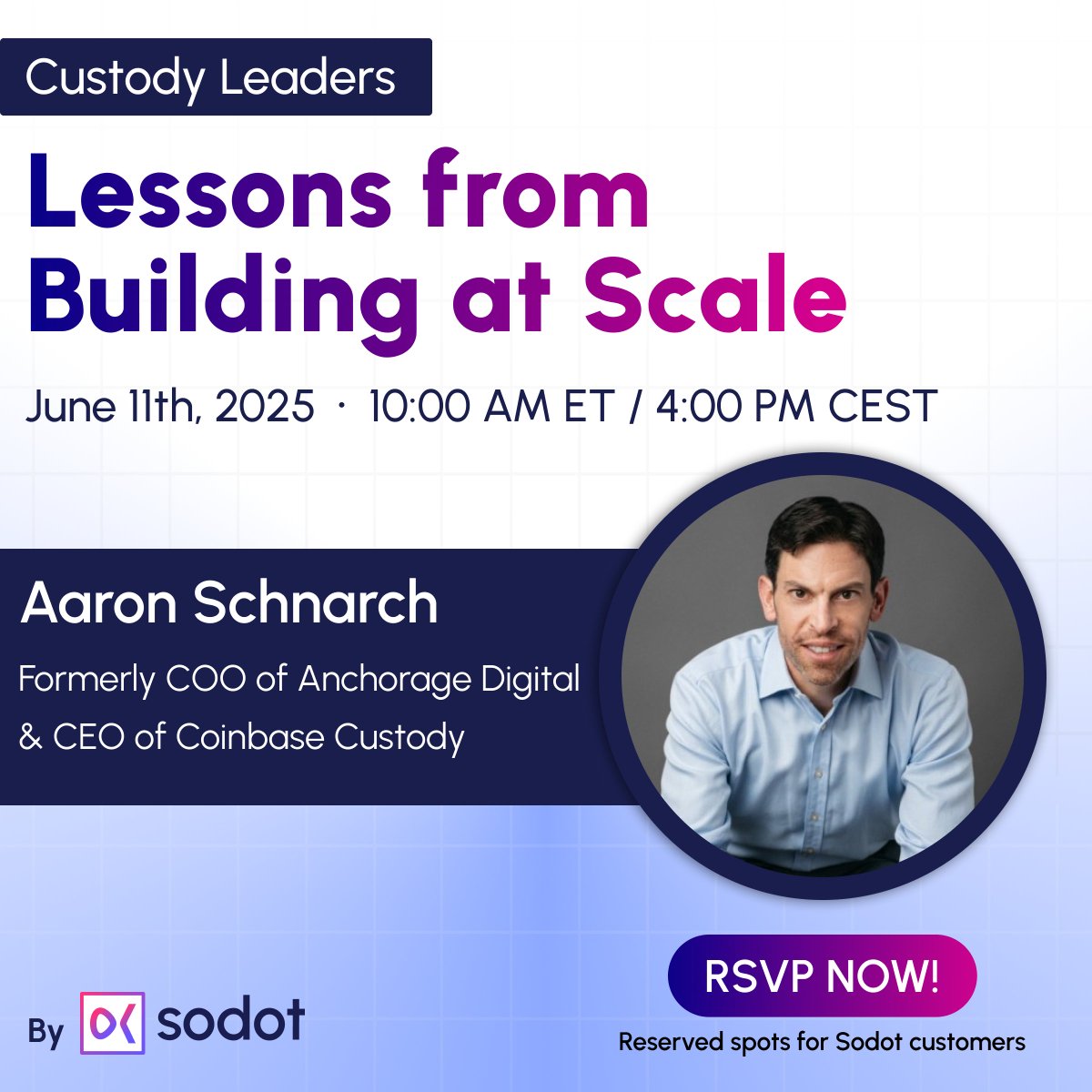 Sodot (@sodot_hq) on Twitter photo ๐๏ธ Weโre excited to present the first session of ๐๐๐๐๐ผ๐ฑ๐ ๐๐ฒ๐ฎ๐ฑ๐ฒ๐ฟ๐:
๐๐ฒ๐๐๐ผ๐ป๐ ๐ณ๐ฟ๐ผ๐บ ๐๐๐ถ๐น๐ฑ๐ถ๐ป๐ด ๐ฎ๐ ๐ฆ๐ฐ๐ฎ๐น๐ฒ ๐/ ๐๐ฎ๐ฟ๐ผ๐ป ๐ฆ๐ฐ๐ต๐ป๐ฎ๐ฟ๐ฐ๐ต (former COO of Anchorage Digital & CEO of Coinbase Custody๐ซ
This isnโt another panel filled with generic ๐๏ธ Weโre excited to present the first session of ๐๐๐๐๐ผ๐ฑ๐ ๐๐ฒ๐ฎ๐ฑ๐ฒ๐ฟ๐:
๐๐ฒ๐๐๐ผ๐ป๐ ๐ณ๐ฟ๐ผ๐บ ๐๐๐ถ๐น๐ฑ๐ถ๐ป๐ด ๐ฎ๐ ๐ฆ๐ฐ๐ฎ๐น๐ฒ ๐/ ๐๐ฎ๐ฟ๐ผ๐ป ๐ฆ๐ฐ๐ต๐ป๐ฎ๐ฟ๐ฐ๐ต (former COO of Anchorage Digital & CEO of Coinbase Custody๐ซ
This isnโt another panel filled with generic