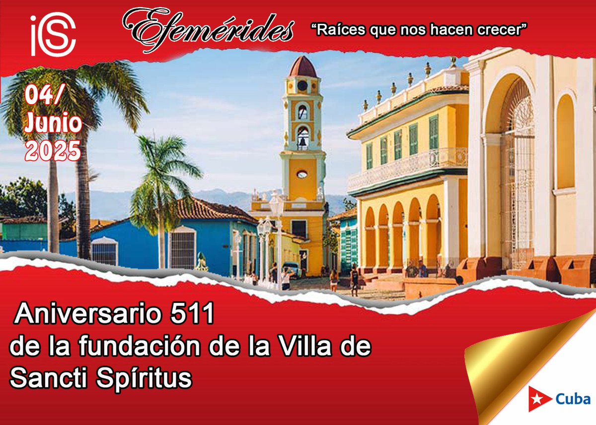 🇨🇺La Villa del Espíritu Santo, actual provincia de Sancti Spíritus, arriba hoy a su aniversario 511. Más de cinco siglos de historia atesora esta urbe cubana. Felicidades a los espirituanos, donde quiera que se encuentren. Son ustedes, sus hijos, quienes prestigian esta tierra.