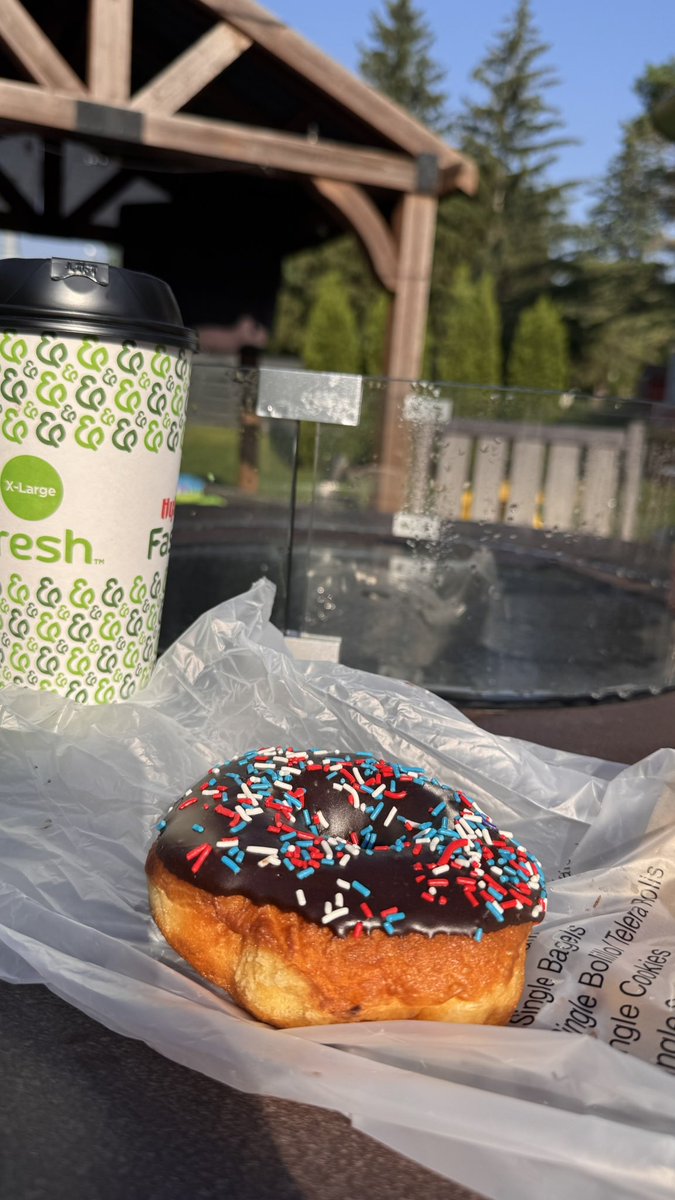 The daycare teacher brought my kid a donut and I got jealous. So I’m taking advantage of a rare quiet morning and eating a Cub Foods donut on the patio before work 😂