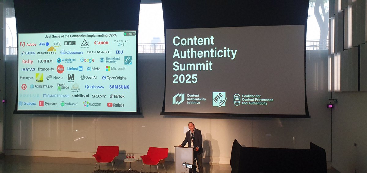 domguinard's tweet image. Santiago Lyon from @ContentAuth kicking off #casummit2025 showing the now impressive list of companies implementing #contentcredentials.  nutritional facts for digital media - allowing us to check the provenance of what we see online - is becoming a reality and we need it! #c2pa
