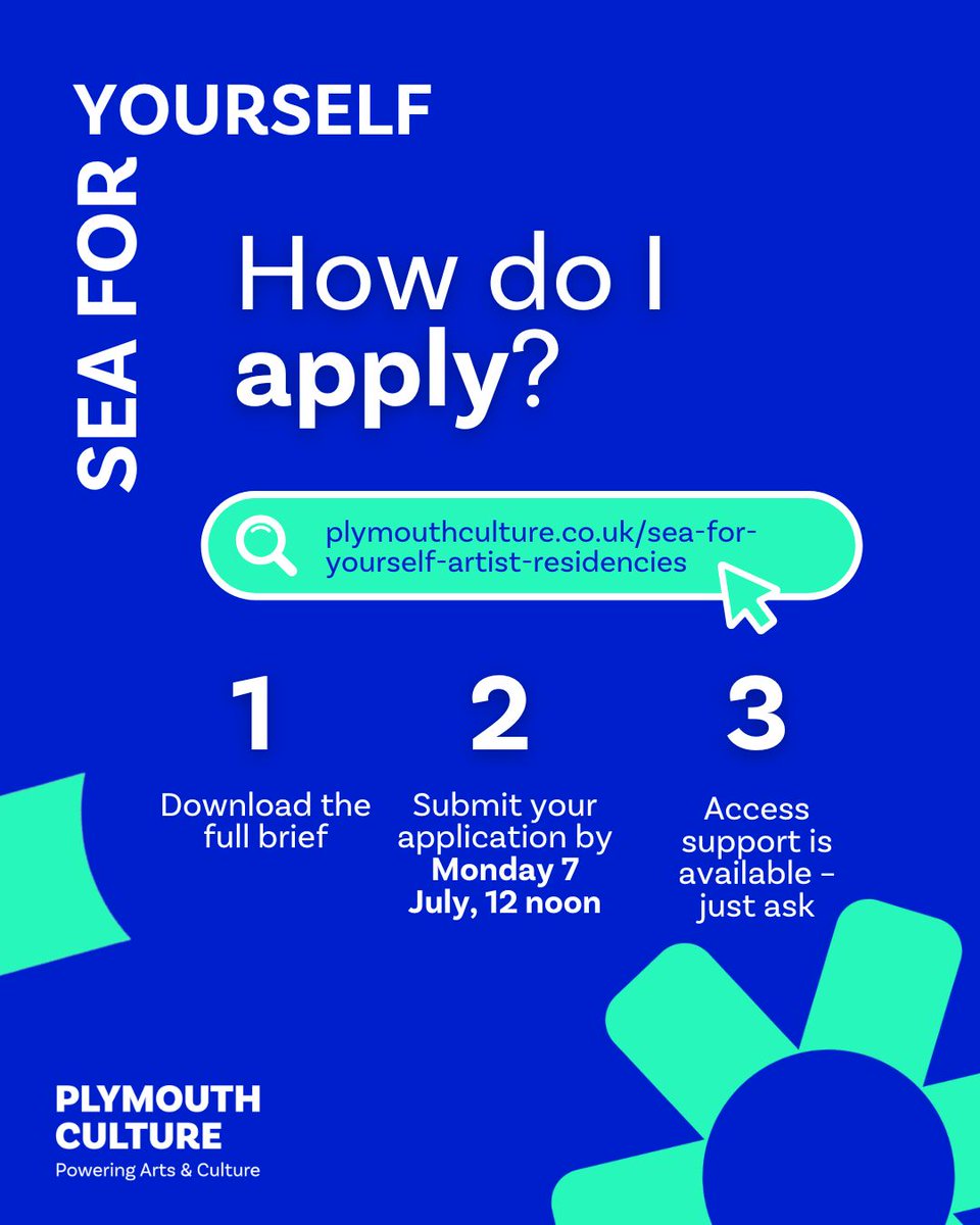 Plymouth Culture (@plymcultureuk) on Twitter photo Artist Residency Opportunity ๐
We're offering 3 paid residencies for Devon & Cornwall artists as part of Sea for Yourself.
๐๏ธ Apply by 7 July
๐ bit.ly/3HsOY4J
๐ป Info webinar 16 June
<a href="/plymouthcc/">Plymouth City Council</a> <a href="/PlymSoundNMP/">Plymouth Sound National Marine Park</a> <a href="/HeritageFundUK/">The National Lottery Heritage Fund</a> <a href="/ace_national/">Arts Council England</a> Artist Residency Opportunity ๐
We're offering 3 paid residencies for Devon & Cornwall artists as part of Sea for Yourself.
๐๏ธ Apply by 7 July
๐ bit.ly/3HsOY4J
๐ป Info webinar 16 June
<a href="/plymouthcc/">Plymouth City Council</a> <a href="/PlymSoundNMP/">Plymouth Sound National Marine Park</a> <a href="/HeritageFundUK/">The National Lottery Heritage Fund</a> <a href="/ace_national/">Arts Council England</a>