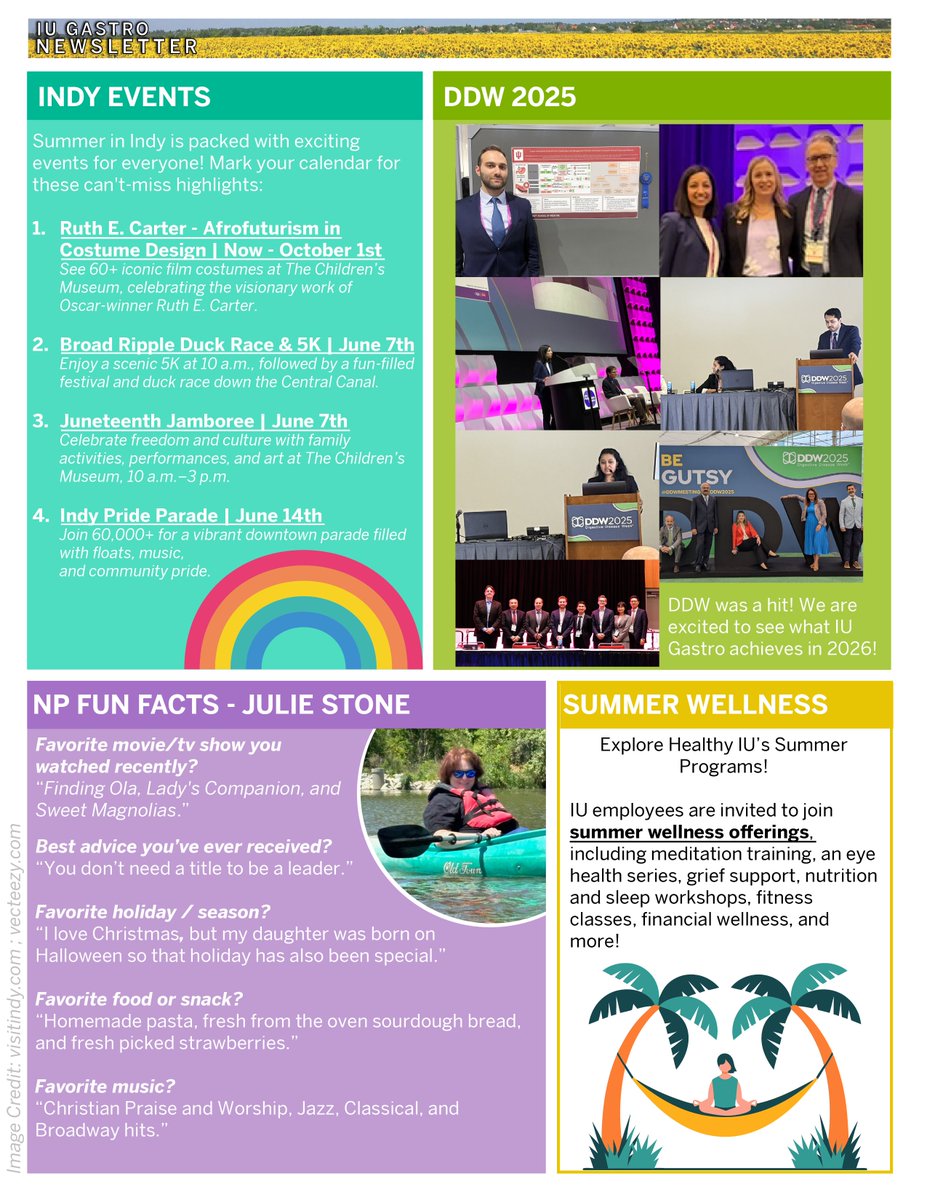 Indiana University Gastroenterology and Hepatology (@iugastro) on Twitter photo ☀️ Summer's heating up – and so is the June #iugastro Newsletter! Dive into fresh stories and sunny highlights! #GITwitter
🌟 Staff Spotlight: Sarinah Lee
🏃♂️ Men's Health Month
🌍 DDW 2025 Recap
🏆 Wellness Award
🥼 PA Fun Facts: Julie Stone ☀️ Summer's heating up – and so is the June #iugastro Newsletter! Dive into fresh stories and sunny highlights! #GITwitter
🌟 Staff Spotlight: Sarinah Lee
🏃♂️ Men's Health Month
🌍 DDW 2025 Recap
🏆 Wellness Award
🥼 PA Fun Facts: Julie Stone