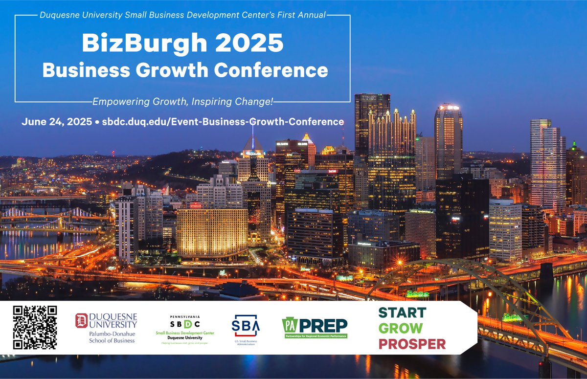 Pennsylvania SBDC (@pasmallbusiness) on Twitter photo Join <a href="/DuquesneSBDC/">Duquesne University SBDC</a> for their #FREE "BizBurgh 2025" Business Growth Conference!
Join for an inspiring and informative Business Growth Conference designed to empower entrepreneurs & business leaders
📆 6/24/25
⏰ 9:00 am - 3:00 pm
📍Click here to register: sbdc.duq.edu/Event-Business… Join <a href="/DuquesneSBDC/">Duquesne University SBDC</a> for their #FREE "BizBurgh 2025" Business Growth Conference!
Join for an inspiring and informative Business Growth Conference designed to empower entrepreneurs & business leaders
📆 6/24/25
⏰ 9:00 am - 3:00 pm
📍Click here to register: sbdc.duq.edu/Event-Business…