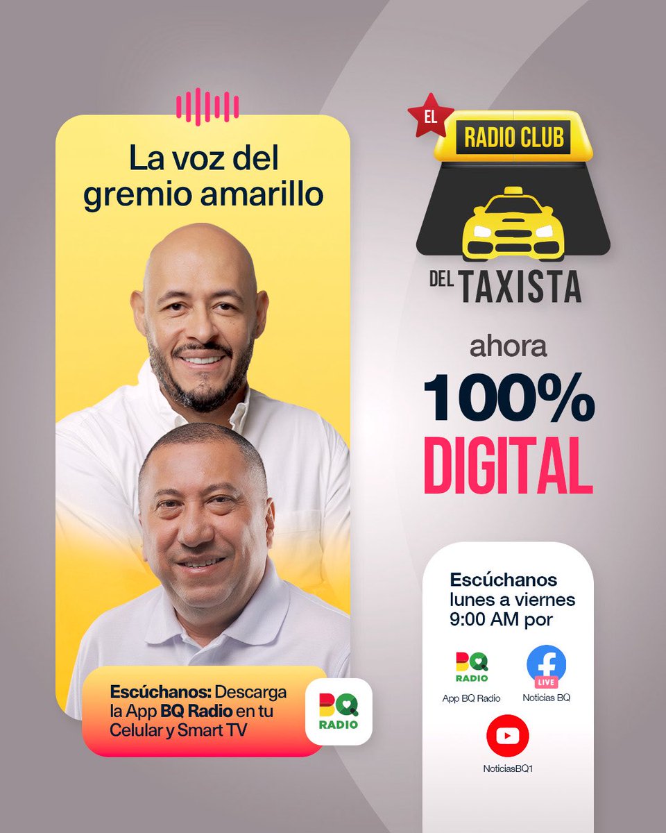¡🚕 Encienda su radio y súbase a la sintonía que lo acompaña en cada carrera!
🎙️ El Radio Club del Taxista: el punto de encuentro de los que ruedan por la ciudad.
📺 YouTube: NoticiasBQ1
📲 App: BQRadio 🟥🟨🟩
🔹Facebook ⬇️
facebook.com/share/v/1HwNAv…