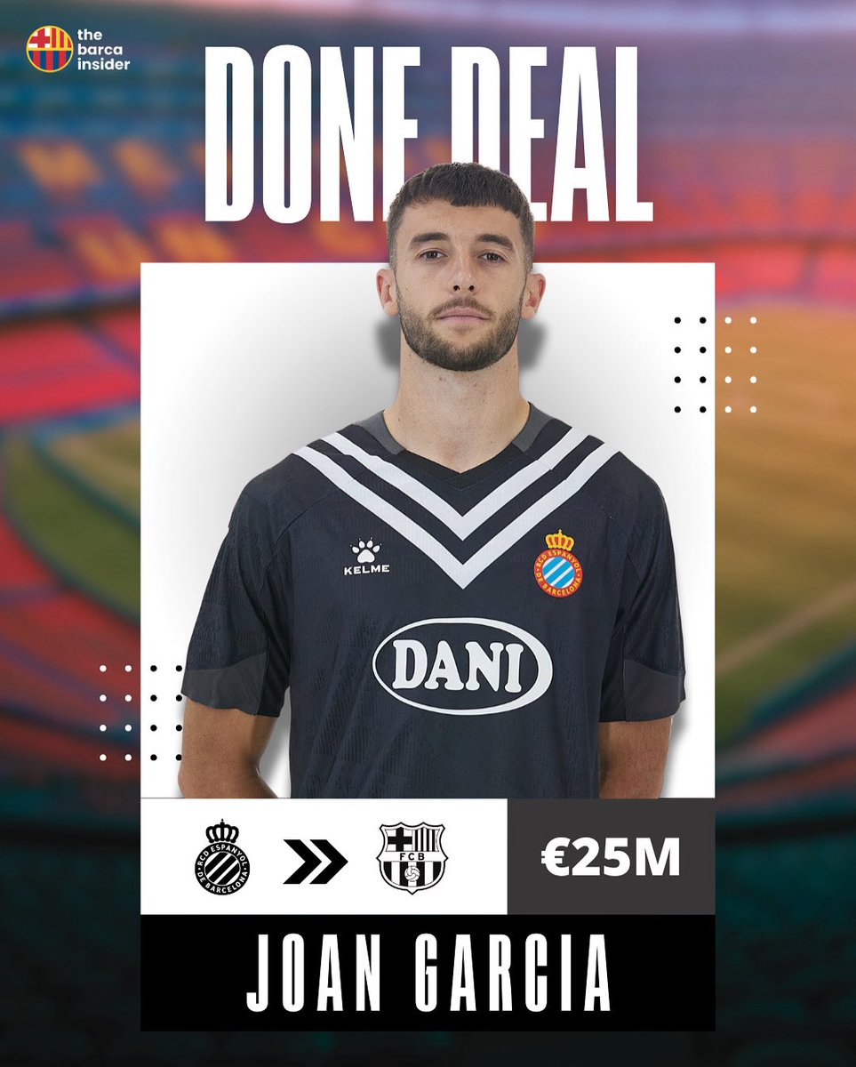 theBarcaInsider's tweet photo. 🚨 𝐃𝐎𝐍𝐄 𝐃𝐄𝐀𝐋: Joan Garcia is set to join FC Barcelona from Espanyol, for a €25m fee. [@FabrizioRomano]

Are you excited for this signing? 🔵🔴 https://t.co/4OcHSvZtJC