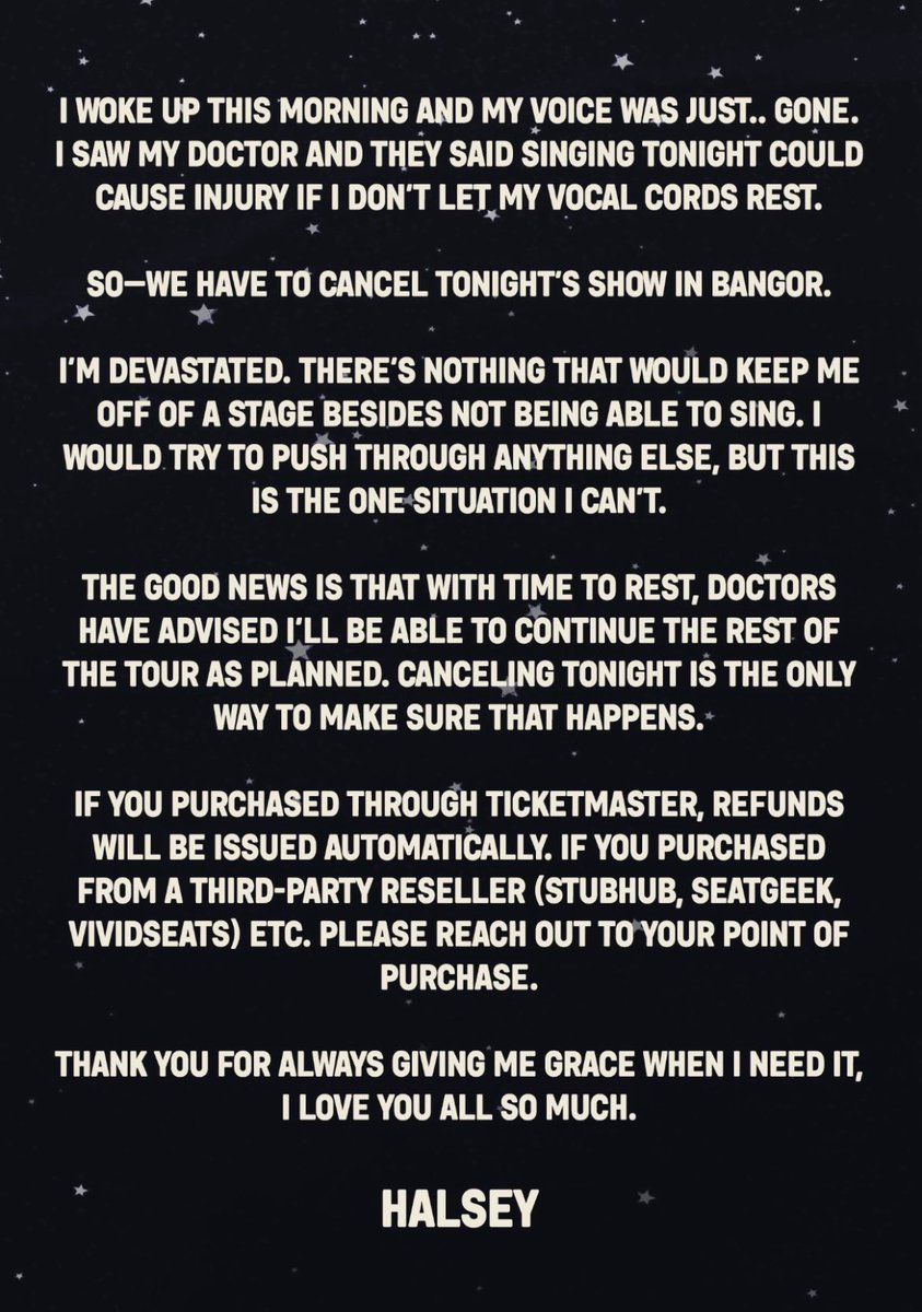 haIseylq's tweet photo. Halsey just announced that tonight’s concert in Bangor was unfortunately canceled because she lost her voice. #ForMyLastTrickTour #Bangor https://t.co/2PWISziN3A