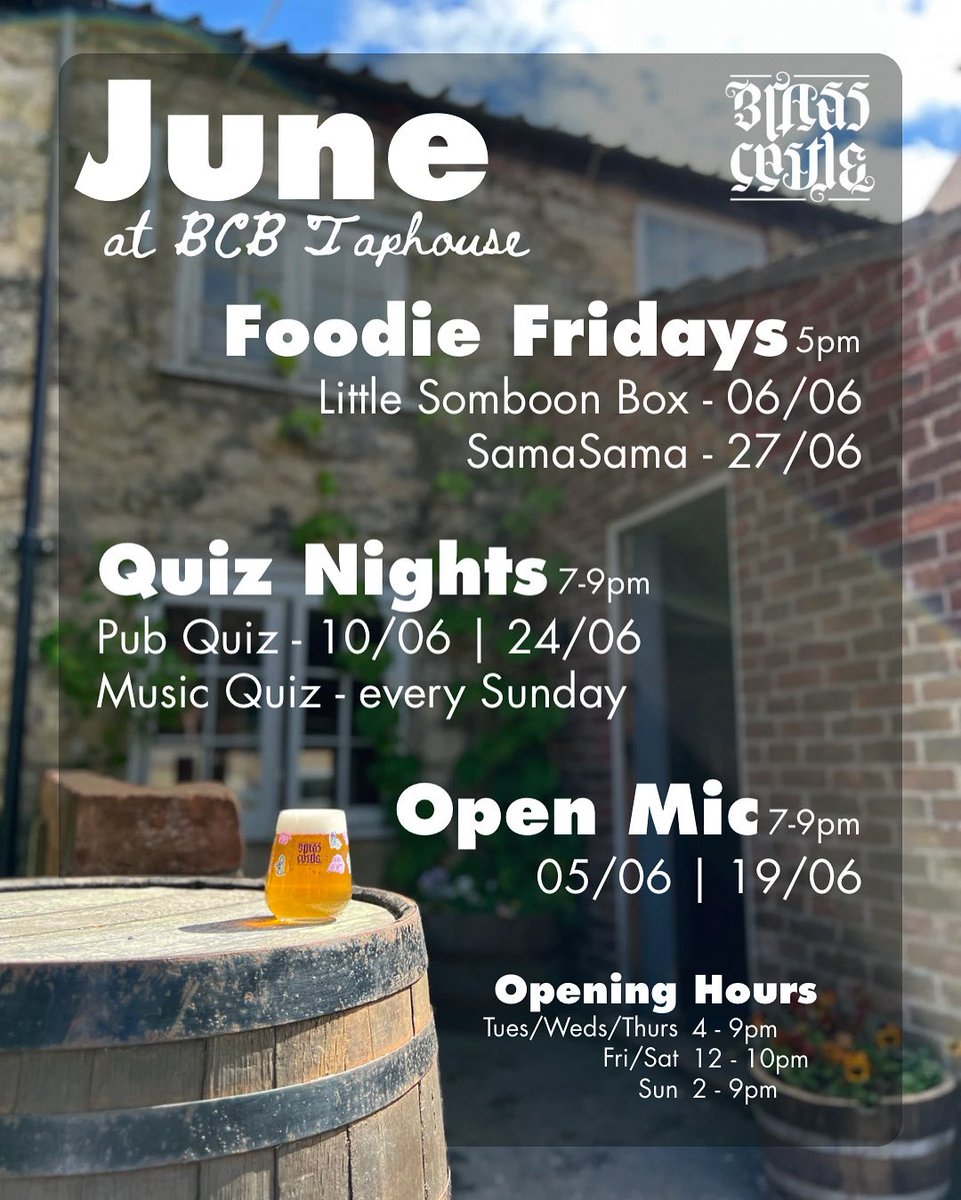 ✨JUNE AT THE TAPHOUSE✨

We have a full schedule of events at BCB Taphouse this month, including two Foodie Fridays! Little Somboon Box will be joining us on Friday 6th, and we’re welcoming SamaSama back again on Friday 27th! 

All events are free entry with no booking required.