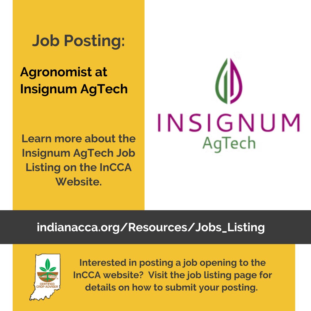 IndianaCCA's tweet image. Insignum AgTech is currently seeking a motivated and knowledgeable Research and Sales Agronomist to join their team in Indiana.
Learn more about this job listing at: indianacca.org/Resources/Jobs…
#InCCA
