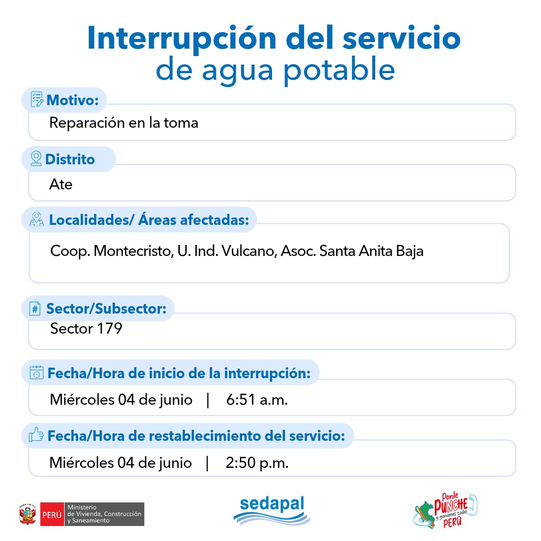 🚨 #LoÚltimo | ¡Atención vecinos de #Ate! #Sedapal atiende una emergencia imprevista por lo que se interrumpirá parcialmente el servicio de agua en algunos sectores. Más detalles aquí 👇 #InterrupciónDelServicio