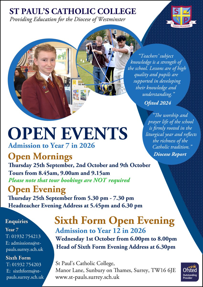 This year's forthcoming Open Events at St Paul's.  Come and discover what makes us an Ofsted ‘Outstanding’ School.   #OutstandingSchool #ofstedoutstanding #secondaryschool #primaryschool #secondaryeducation #education #surreyschools #teaching #classroom