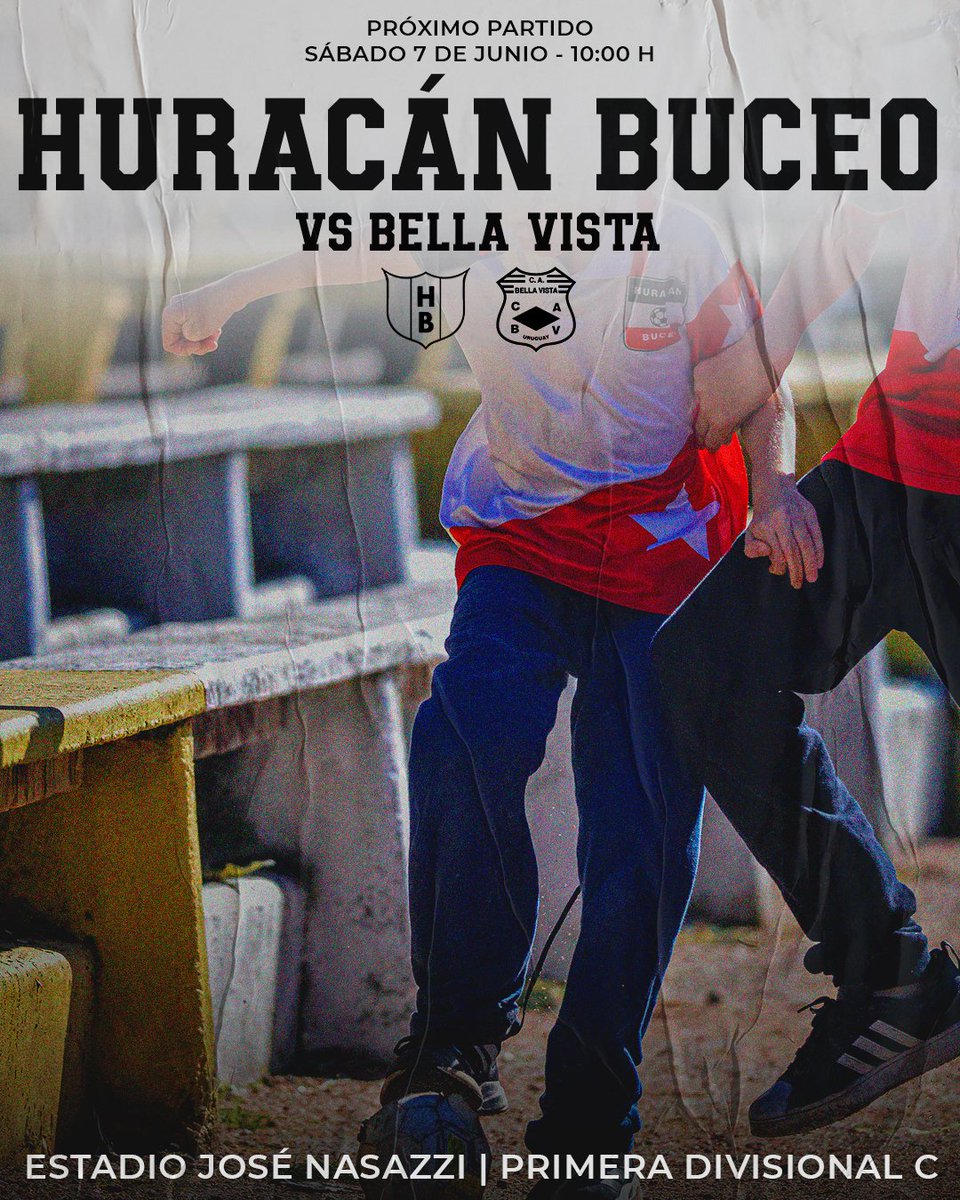 🔜𝗝𝘂𝗲𝗴𝗮 𝗲𝗹 𝗛𝘂𝗿𝗮 🌪️

📆 Sábado 07/06
🆚 <a href="/CABellaVista/">Club Atlético Bella Vista</a>
⏰ 10 hrs
🏟️ Estadio José Nasazzi

⚫⚪🔴

#HuracanBuceo #FutbolUruguayo #VamosHuracan #AlmaDeBarrio