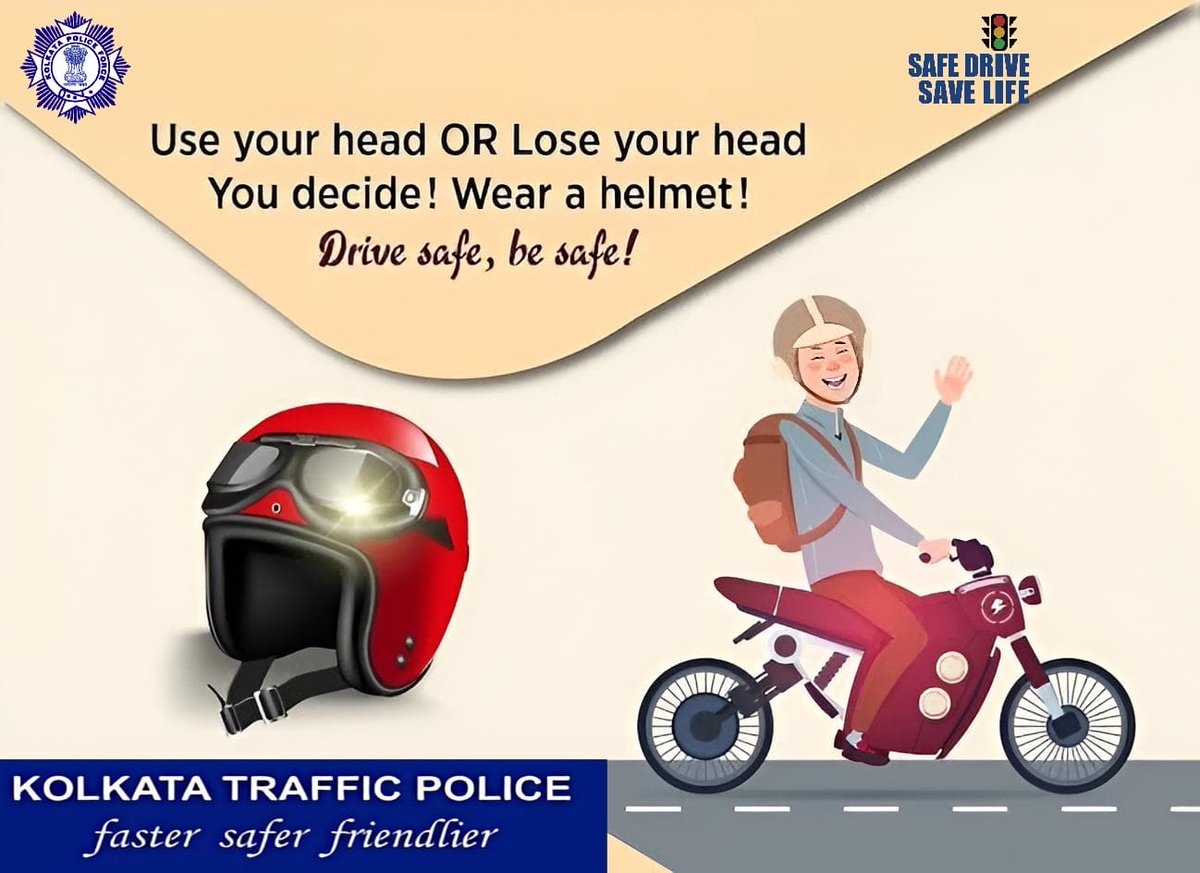 Wear a helmet, protect your head!

#WearHelmet
 #FollowTrafficRules #KolkataTrafficPolice #Awareness #SafetyFirst #SafeDriveSaveLife