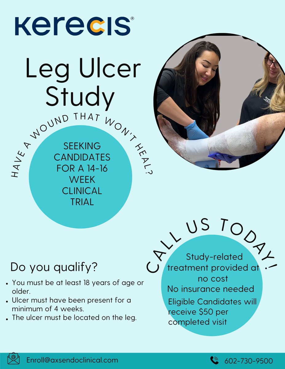 axsendoclinical's tweet image. Struggling with a nonhealing venous leg ulcer (VLU)? 
Join a clinical study study testing fish skin grafts
✅ Ages 18+
✅ Weekly visits
💵 $50/visit compensation
📍Phoenix
📲 Call 609-730-9500 or visit axsendoclinicalresearch.com/diabetic-venou… to see if you qualify!
#WoundCare #ClinicalTrials #VLU