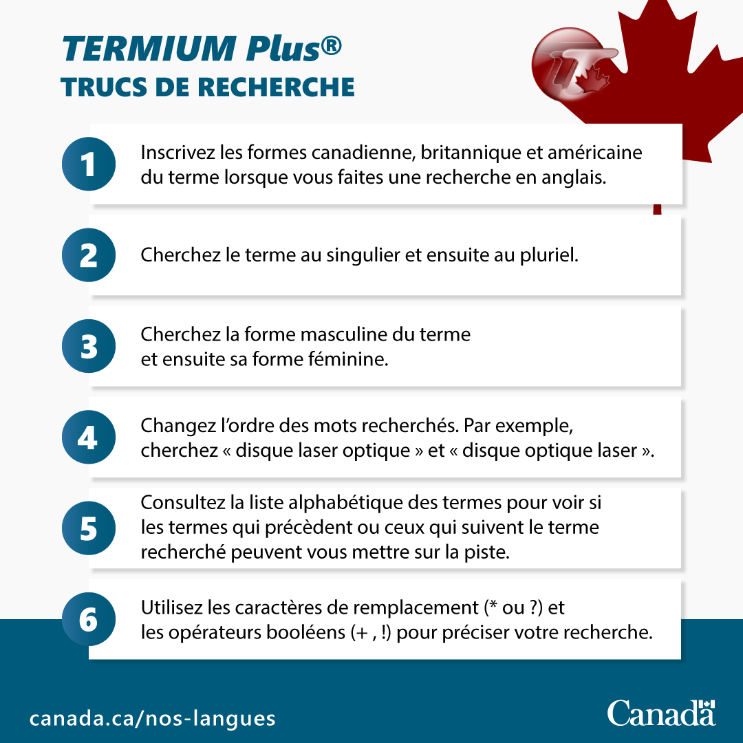 Utiliser #TERMIUMPlus, ce n’est pas compliqué, mais voici 6 trucs qui vous permettent d’obtenir un résultat optimal quand vous faites une recherche. Diffusez ces #astuces dans votre réseau! #terminologie #xl8 btb.termiumplus.gc.ca