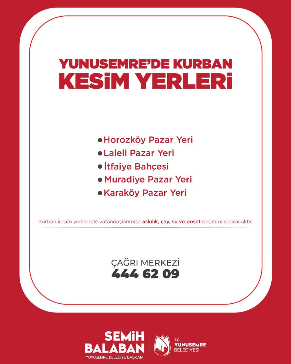 Değerli Hemşehrilerimiz,

Kurban Bayramı süresince vatandaşlarımızın kurban ibadetlerini sağlıklı, hijyenik ve düzenli bir şekilde gerçekleştirebilmeleri amacıyla ilçemizde belirlenen kurban kesim yerleri aşağıda belirtilmiştir

📍 Kesim Yerlerimiz:

Horozköy Pazar Yeri

Laleli
