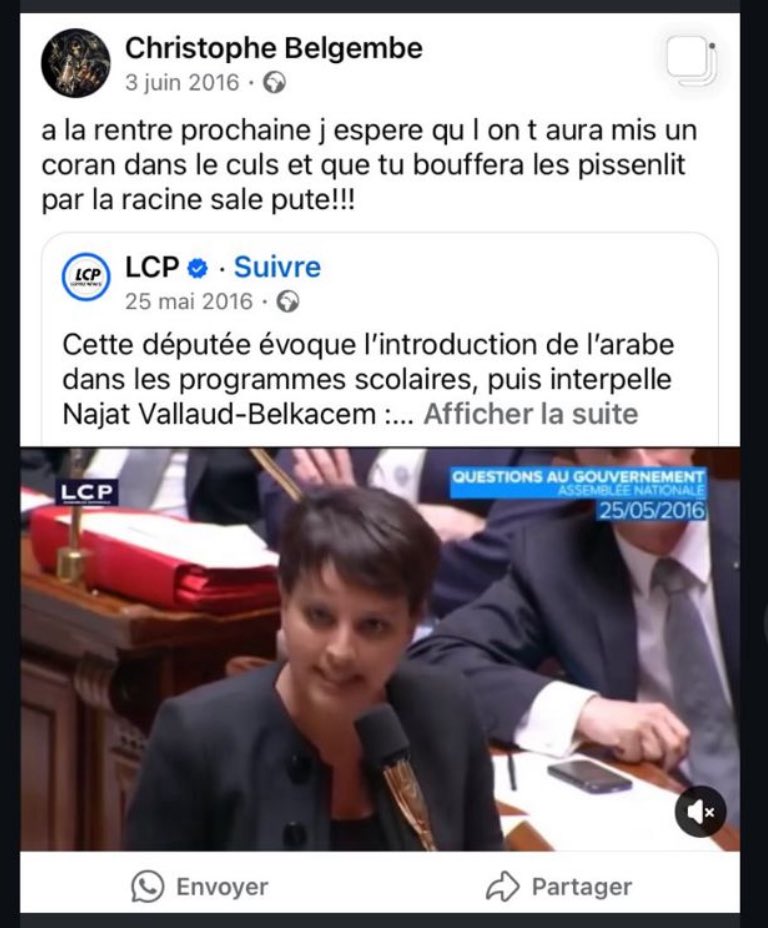 Merci à ceux qui font remonter ce que publiait l’assassin d’#Hichem 

Les mots précédent toujours les actes: les propos racistes donnent des violences racistes. Même chose pour les propos homophobes, antisemites, sexistes... À quand une véritable régulation des réseaux sociaux?