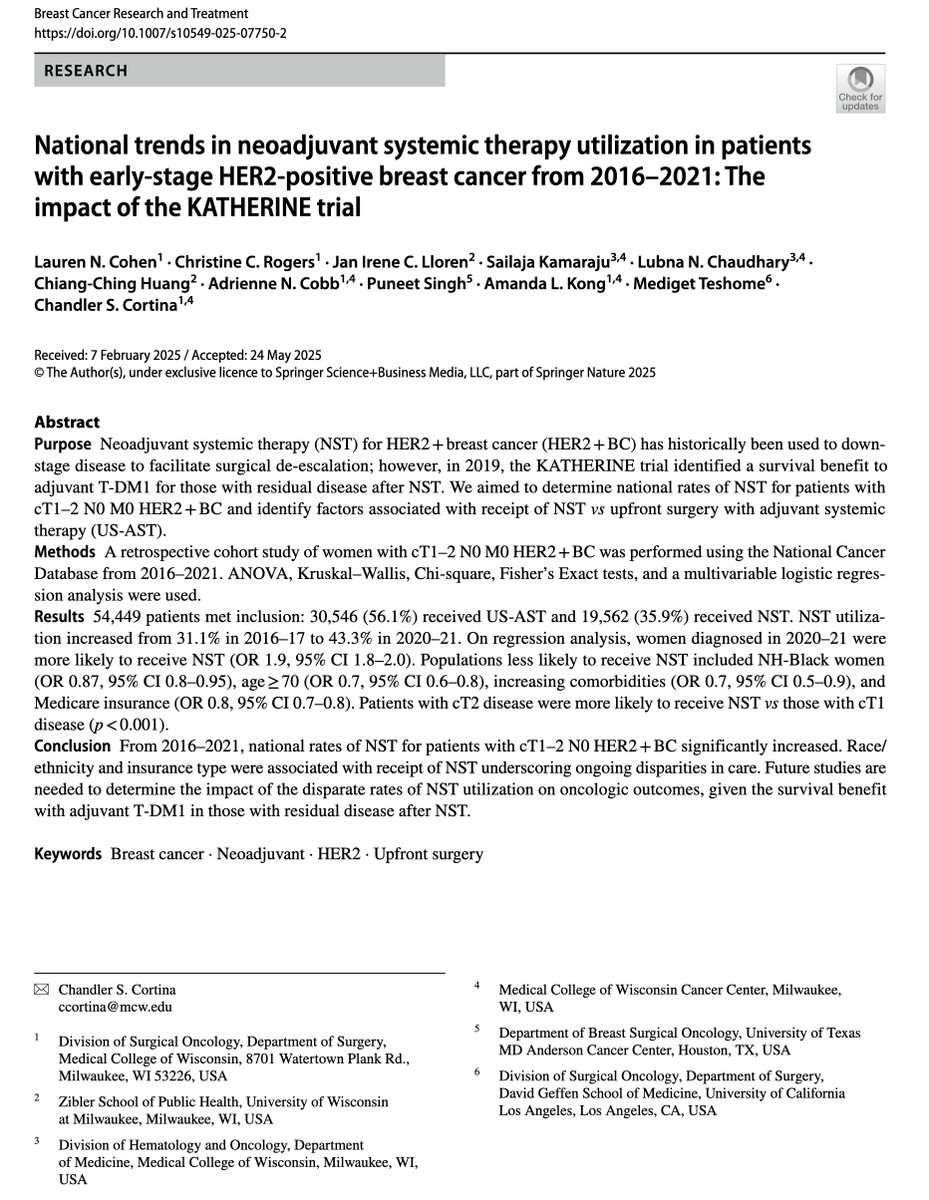 Chandler S Cortina, MD (@chandlercortina) on Twitter photo Great work from M2 <a href="/Lauren_N_Cohen/">Lauren Cohen</a> on the use of neoadjuvant therapy for patients with early-stage HER2+ breast cancer - rates are increasing but not equally used for all patient populations!
<a href="/MCWCancerCenter/">MCW Cancer Center</a> <a href="/MCWSurgery/">MCW Surgery</a> <a href="/MDAndersonNews/">MD Anderson Cancer Center</a> <a href="/UCLASurgery/">UCLA Surgery</a>
rdcu.be/eplnY Great work from M2 <a href="/Lauren_N_Cohen/">Lauren Cohen</a> on the use of neoadjuvant therapy for patients with early-stage HER2+ breast cancer - rates are increasing but not equally used for all patient populations!
<a href="/MCWCancerCenter/">MCW Cancer Center</a> <a href="/MCWSurgery/">MCW Surgery</a> <a href="/MDAndersonNews/">MD Anderson Cancer Center</a> <a href="/UCLASurgery/">UCLA Surgery</a>
rdcu.be/eplnY