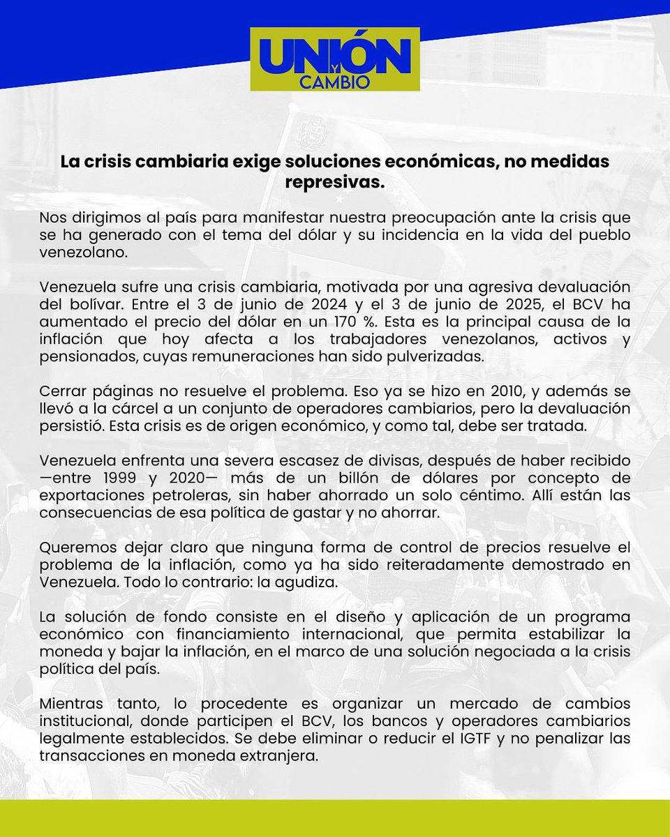#Comunicado | La crisis cambiaria exige soluciones económicas, no medidas represivas.
