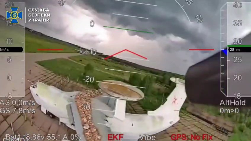 🔴 The footage released by the Security Service of Ukraine also confirms strikes on the two previously announced A-50 AWACS early warning and control aircraft.

The Security Service of Ukraine confirms that after takeoff, the drones were controlled by a human until the final
