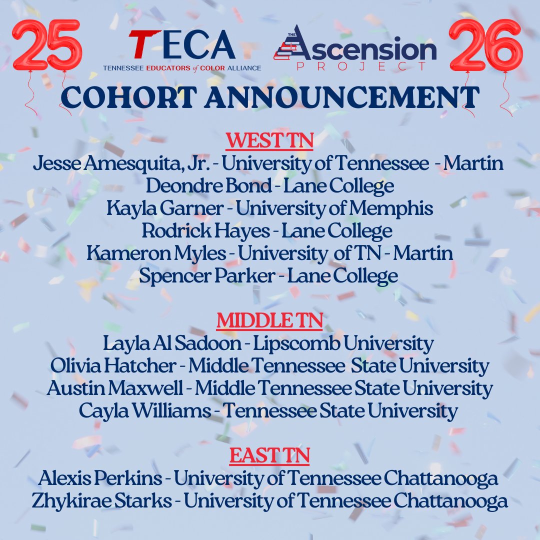 TNEdColorAllies's tweet photo. Congratulations to these statewide educators for being accepted into the 2025-2026 cohort of The Ascension Project! Their journey will begin in September. https://t.co/tZuhgu1Mcq