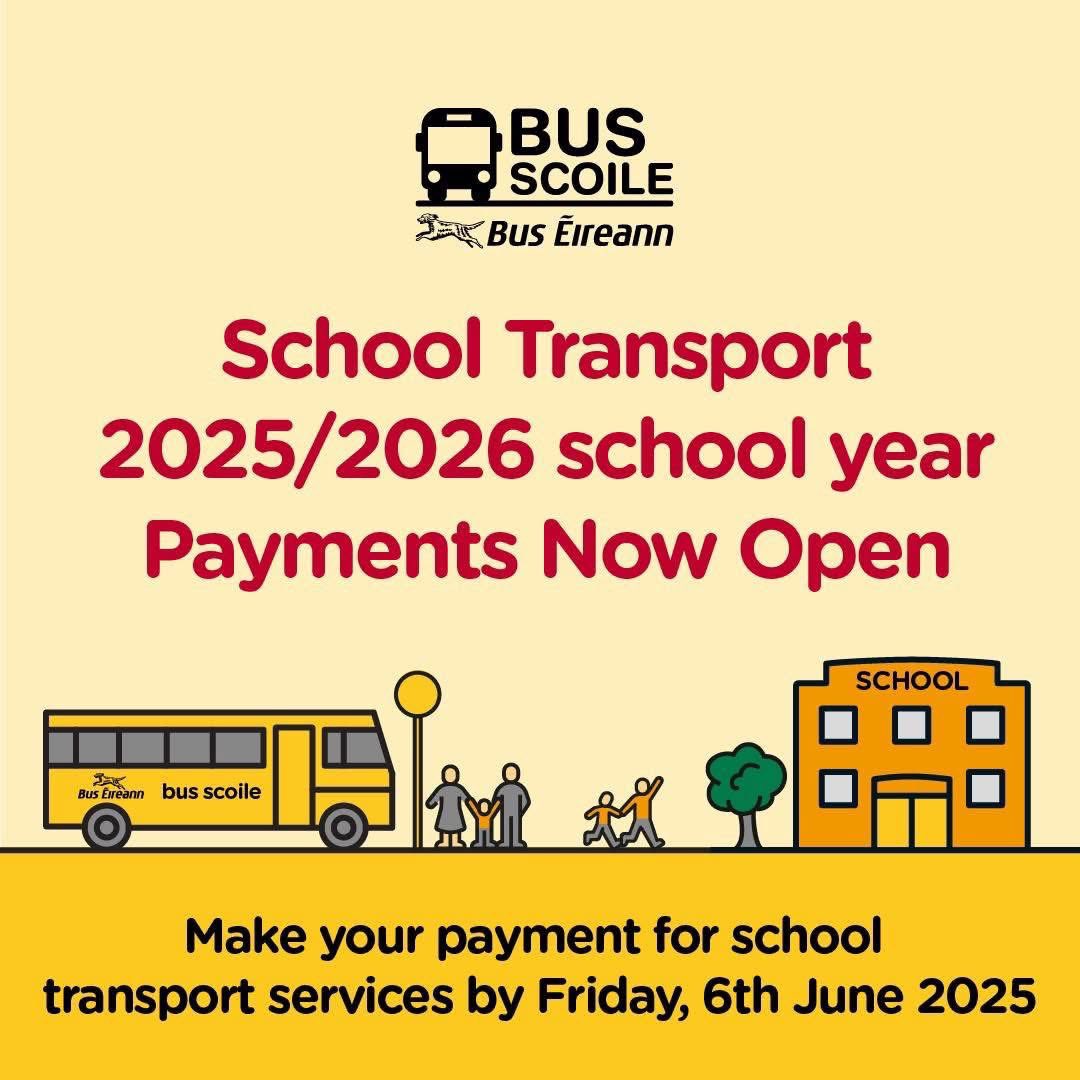 🚌 School Transport 🚌

The Bus Éireann School Transport portal will soon close for payment or entering medical card details for 2025/26 school year 🙌

The closing date for applications is Friday, 6th June 2025 🗓️ 

See buseireann.ie/news/school-tr… for more info 🖥️ 

#WeAreDonegalETB
