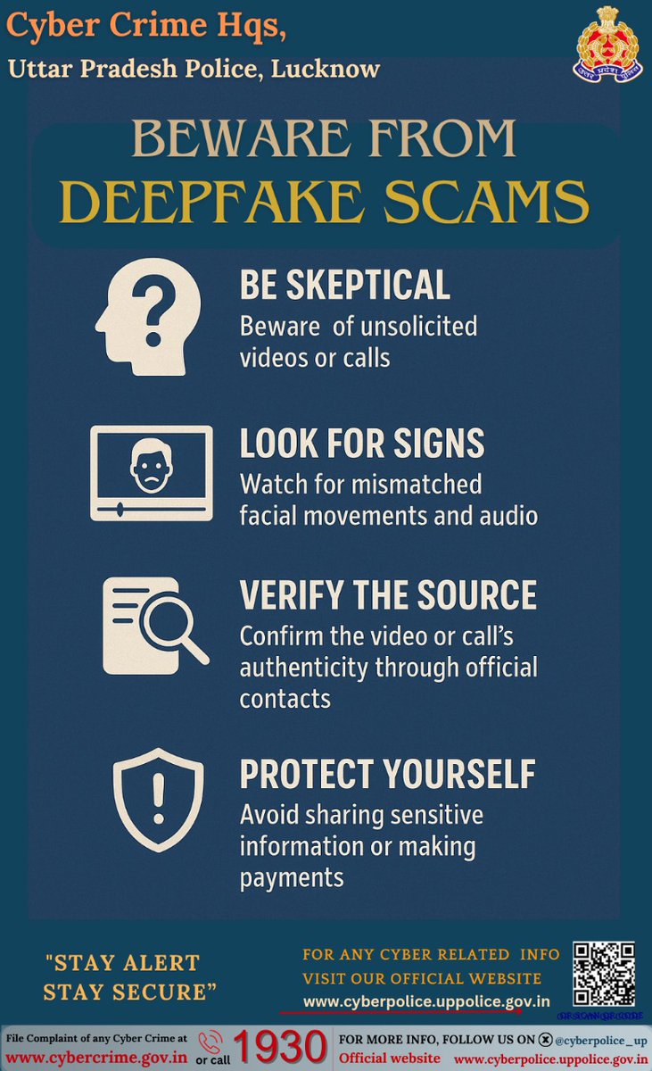 Cyber Police UP (@cyberpolice_up) on Twitter photo Deepfake scams often start with trust. Scammers misuse your videos and turn them into something harmful.
It’s not your fault.
Don’t fear — <a href="/cyberpolice_up/">Cyber Police UP</a> is with you.
To report such scam : 📞1930 | 🌐 cybercrime.gov.in
OR
cyberpolice.uppolice.gov.in Deepfake scams often start with trust. Scammers misuse your videos and turn them into something harmful.
It’s not your fault.
Don’t fear — <a href="/cyberpolice_up/">Cyber Police UP</a> is with you.
To report such scam : 📞1930 | 🌐 cybercrime.gov.in
OR
cyberpolice.uppolice.gov.in