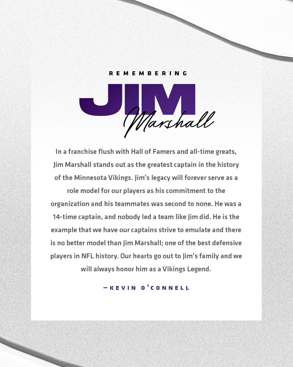 Head Coach Kevin O'Connell on the passing of #Vikings Legend Jim Marshall.