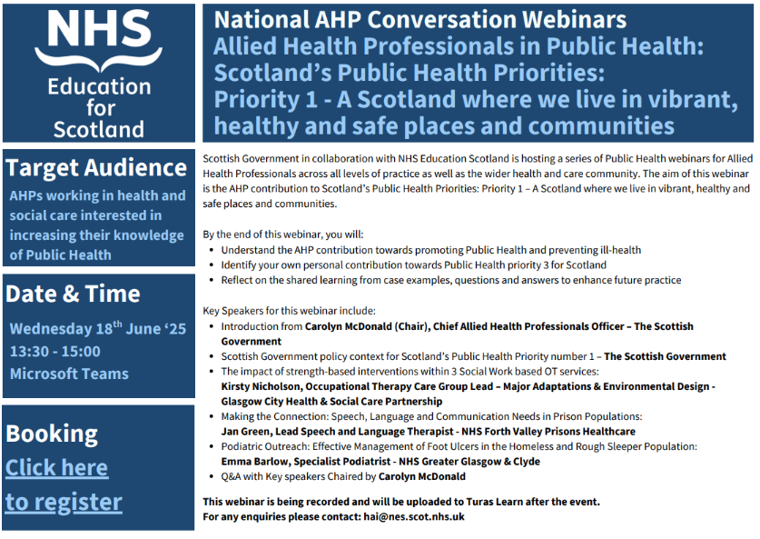 RCOT Scottish Policy (@rcot_policysco) on Twitter photo 💻Really looking forward to this webinar looking at how AHPs are delivering against Public Health Priorities. Great to see <a href="/KNicholson73/">Kirsty Nicholson</a> on the panel showcasing occupational therapy within social work services 🤩
Book here: events.teams.microsoft.com/event/6bfea3a7… 💻Really looking forward to this webinar looking at how AHPs are delivering against Public Health Priorities. Great to see <a href="/KNicholson73/">Kirsty Nicholson</a> on the panel showcasing occupational therapy within social work services 🤩
Book here: events.teams.microsoft.com/event/6bfea3a7…