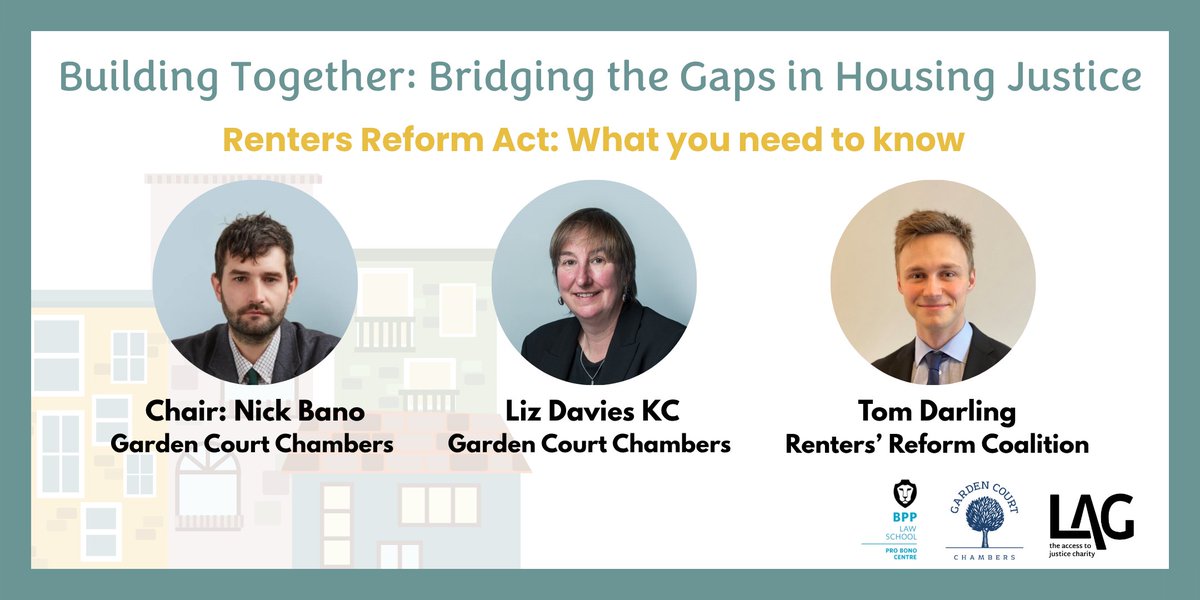 Building Together: Bridging the Gaps in Housing Justice, 13 June
Why you need to book today:
The Renters Reform Act is nearly here – come &amp; find out all you need to know from the brilliant Liz Davies KC &amp; Tom Darling, Director of Renters' Reform Coalition, with chair Nick Bano.
