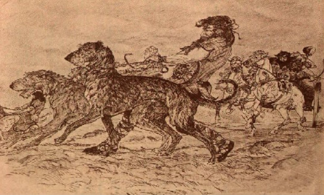 Conchobar2020's tweet image. In Táin Bó Flidais, a band of raiders is pursued by Donnall Yellowlocks, his men, and 50 hounds. As he closes in, he unleashes the dogs. The dogs charge the raiders, who are forced to turn and fight. The lead hound lunges upon a chariot belonging to a raider named Fergus. The…