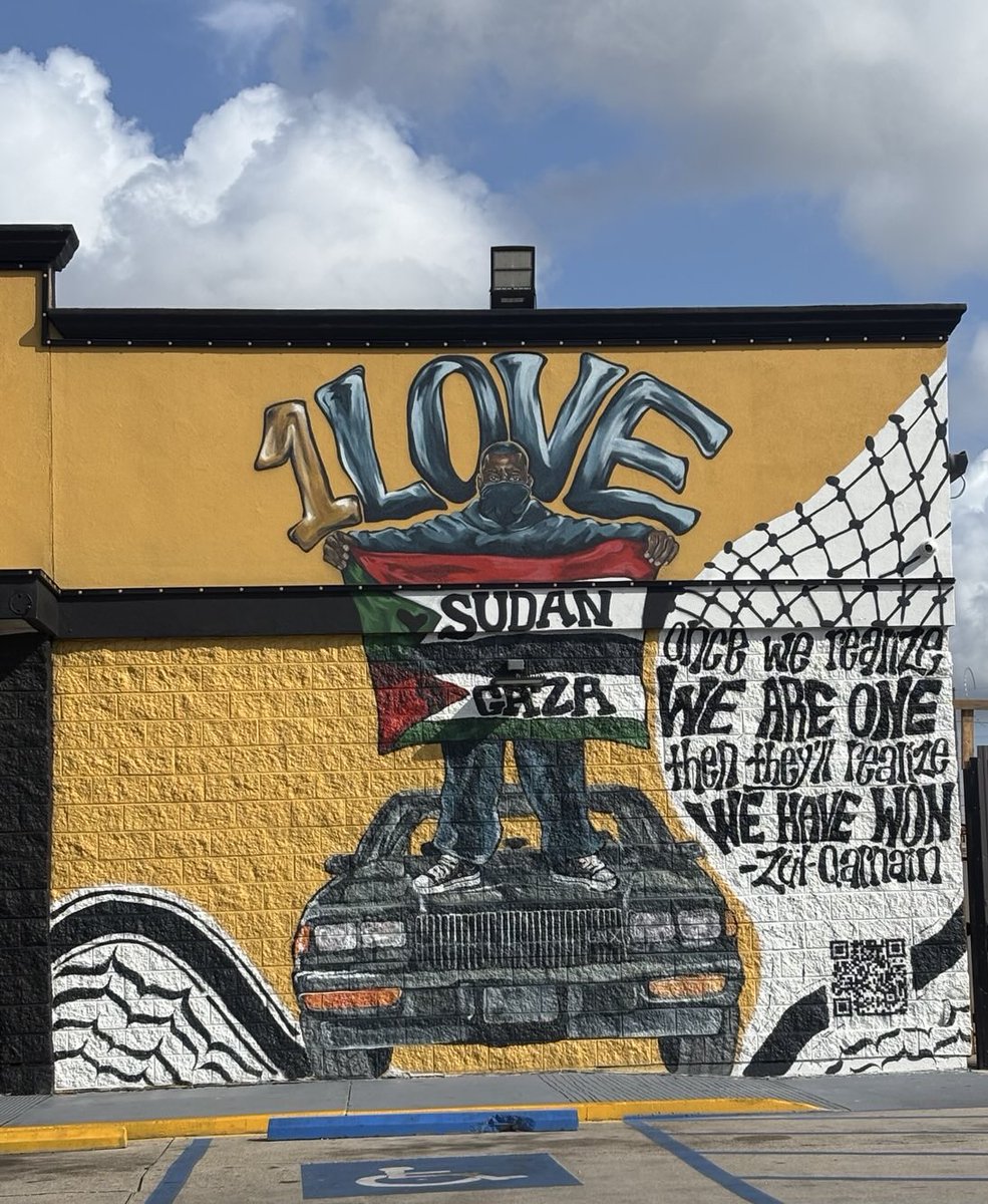 Seen in New Orleans on Claiborne Ave:

“1LOVE

Sudan 🇸🇩 x Gaza 🇵🇸

Once we realize we are one, then they’ll realize we have won.

-Zul-Qarnain”
