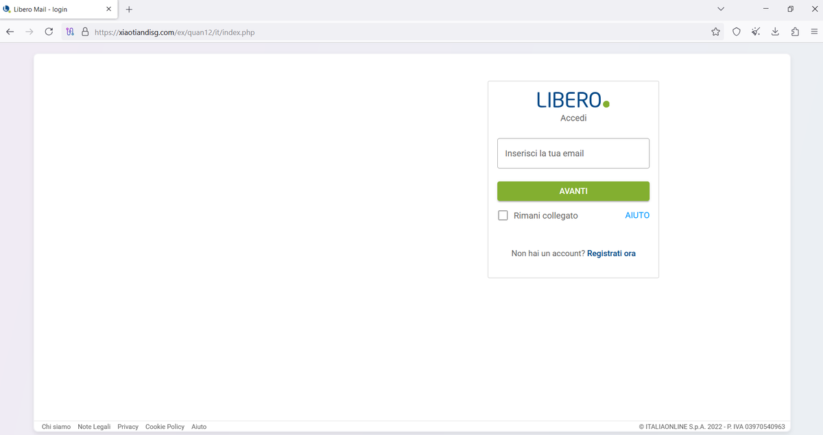 skocherhan's tweet photo. @AgidCert xiaotiandisg[.]com/ex/quan12/it/index[.]php
#phishing #LiberoMail https://t.co/B2rKQNEK4H