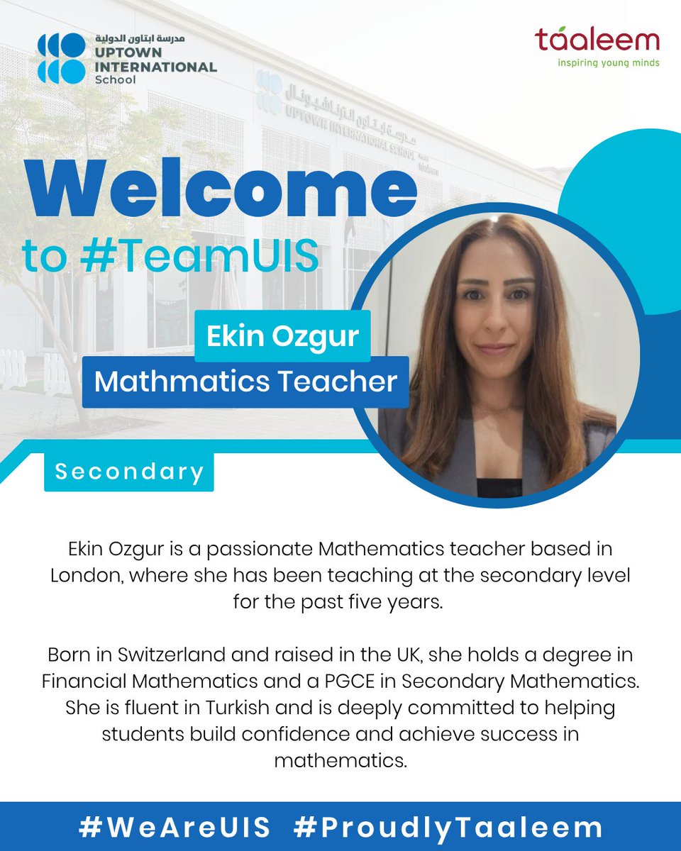UISDubai's tweet image. We are thrilled to introduce Ekin Ozgur to #TeamUIS. Ekin is a passionate mathematics teacher based in London. She brings over 5 years experience in teaching. Welcome to the team Ekin! 🍎🌟
#WeAreUIS #ProudlyTaaleem