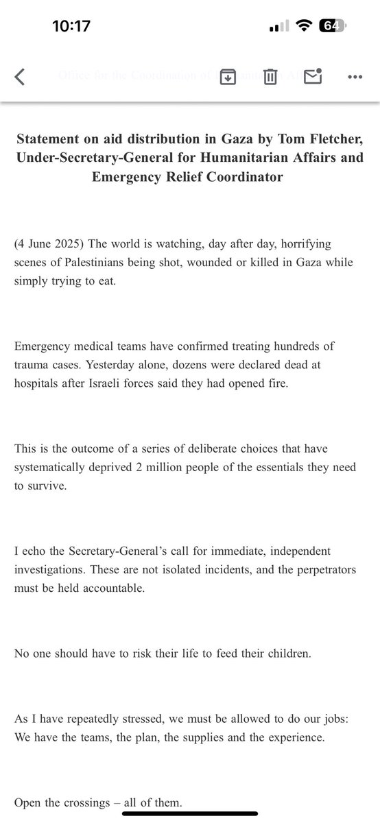 UN relief coordinator: "The world is watching, day after day, horrifying scenes of Palestinians being shot, wounded or killed in Gaza while simply trying to eat."
