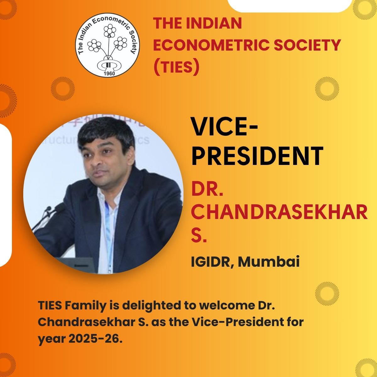 TIES_INDIA's tweet image. We are happy to welcome Dr. Chandrasekhar S., IGIDR, Mumbai as the Vice - President of the TIES family for the year 2025-26.
 
The details about Dr. Chandrasekhar is available at the link given below.
Link: igidr.ac.in/staff/s-chandr…