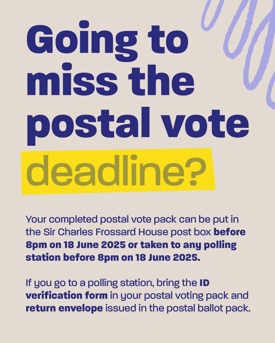 A postal vote brought to a polling station must be handed to staff in accordance with the instructions in the pack.

A postal vote without the accompanying form and envelopes cannot be accepted by polling station staff, and the votes will not be counted.

#Election2025