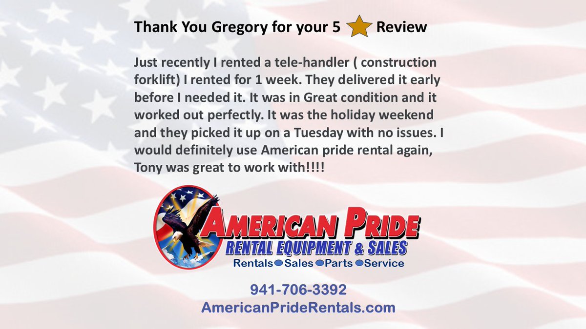 AmprideStore's tweet image. At American Pride Rental Equipment And Sales in Sarasota we take Pride in our service. Thank you Gregory for your 
5⭐️Review. 941-706-3392
#AmericanPride #WeRentWeSell #wedeliver #sarasotarentalequipment #equipmentrental #rentalequipment #FinancingAvailable #supportlocalbusiness