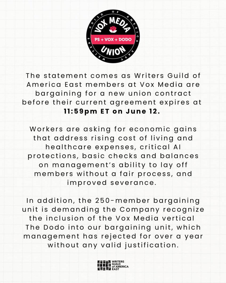 The @mlbpa, @mlspa, @nflpa, @nhlpa, <a href="/nwsl_players/">NWSLPA</a>, <a href="/thephpa/">PHPA</a>, <a href="/USLPlayers/">USLPA</a>, &amp; <a href="/TheWNBPA/">WNBPA</a> stand in solidarity with our Vox Media Union members demanding a fair union contract before the current contract expires at 11:59pm ET on June 12. 

Time is running out, <a href="/voxmedia/">Vox Media</a> @bankoff.