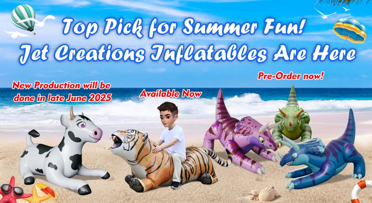 JetCreations's tweet image. ☀️ Take your summer fun to the next level!
Bring your Jet Creations inflatable toys to the beach and make every wave an adventure! 🌊🐯🦖
Lightweight, portable, and picture-perfect!
#SummerVibes #BeachDay #InflatableFun #JetCreations #BeachToys #FamilyFun #Inflatables