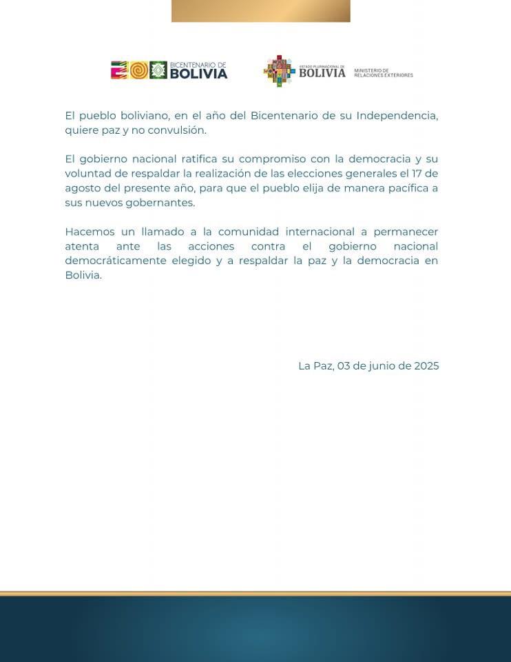 En respuesta al comunicado del Ministerio de Relaciones Exteriores del Estado Plurinacional de Bolivia:

Con profunda preocupación y compromiso con la verdad, me dirijo al pueblo boliviano y a la comunidad internacional para expresar lo que miles de hermanas y hermanos viven día