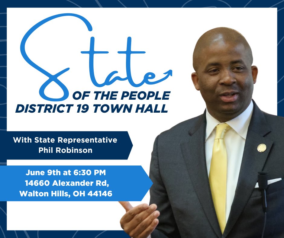 RepPhilRobinson's tweet image. 📣State of the People Town Hall📣
Coming to the people of Walton Hills and Oakwood! Stop by to get updates and ask questions about the issues that matter to you.
Monday June 9th - 6:30 PM at the Event Center in Walton Hills