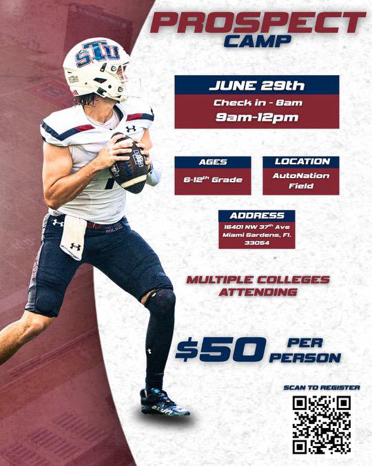 We’re just weeks away from a huge week down in the 305! Big Man OL/DL Camp and Prospect Camp. Come COMPETE, get COACHED UP, and EARN that offer. Ocala, Gainesville, and surrounding counties don’t miss out on this incredible opportunity! Let’s work!! #STUFootball