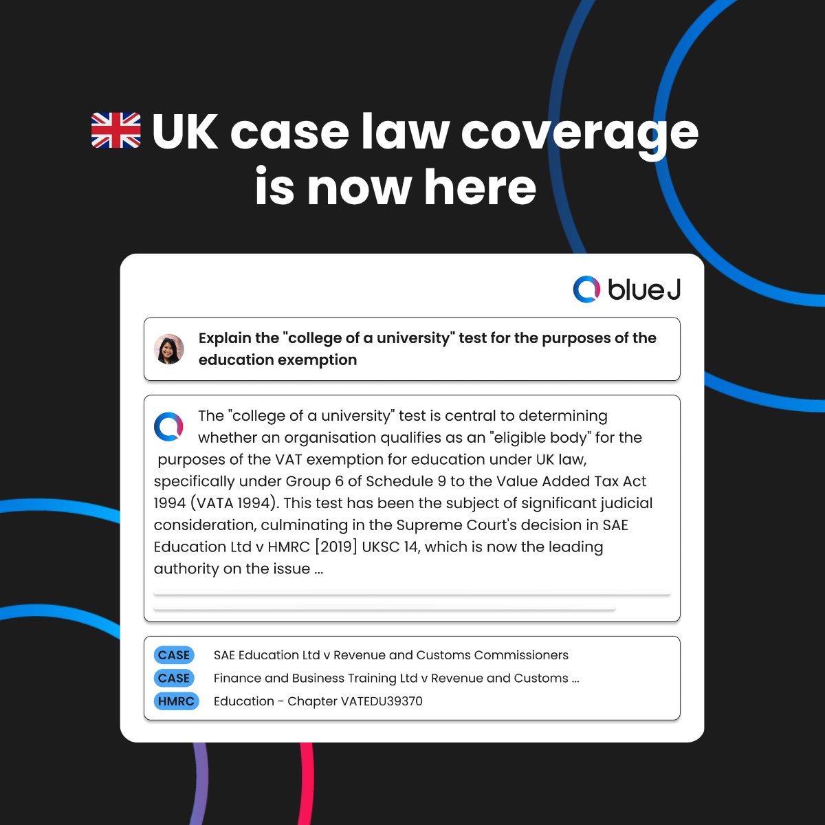 BlueJLegal's tweet image. UK case law coverage is here 🎉
This latest expansion of our content library means that Blue J can now deliver even more comprehensive tax answers for UK tax practitioners, with newly added sources curated by our team of in-house experts. Learn more: hubs.la/Q03qG2Fj0