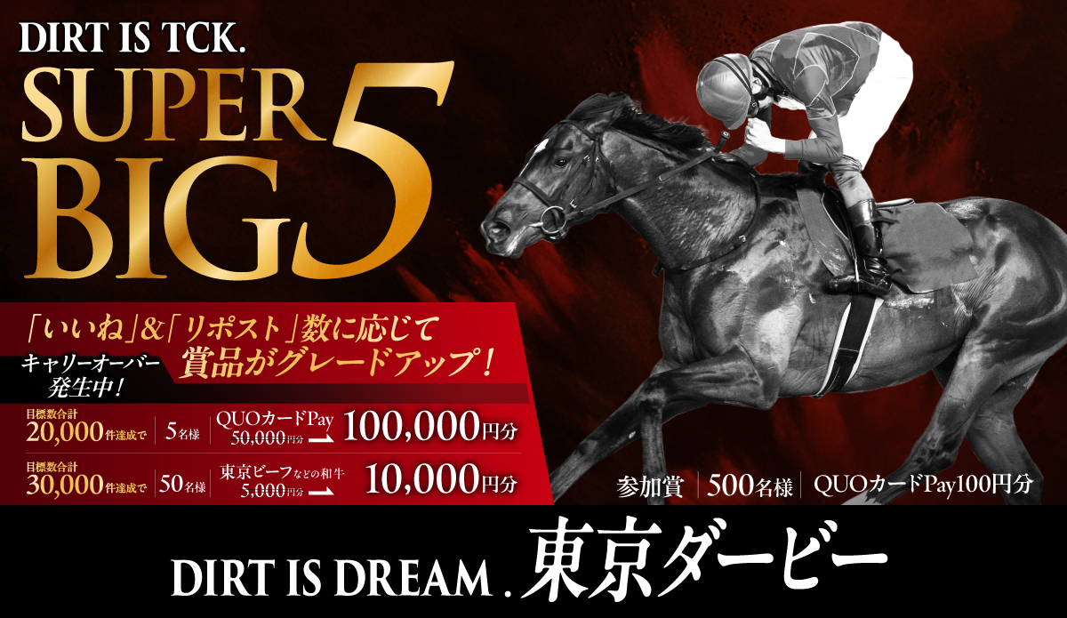 東京シティ競馬 (TCK) (@tck_keiba) on Twitter photo #TCKSUPERBIG5レースキャンペーン
いいねorリポストして合計30,000いいね&リポストを達成しよう!
目標数達成で賞品がグレードアップ!✊
今回の対象レースは #東京ダービー 🏇
tokyocitykeiba.com/race/grade_rac…
1️⃣ <a href="/tck_keiba/">東京シティ競馬 (TCK)</a>をフォロー
2️⃣ CPポストをいいねorリポストで応募✨
締切:6/11 20:00 #TCKSUPERBIG5レースキャンペーン
いいねorリポストして合計30,000いいね&リポストを達成しよう!
目標数達成で賞品がグレードアップ!✊
今回の対象レースは #東京ダービー 🏇
tokyocitykeiba.com/race/grade_rac…
1️⃣ <a href="/tck_keiba/">東京シティ競馬 (TCK)</a>をフォロー
2️⃣ CPポストをいいねorリポストで応募✨
締切:6/11 20:00