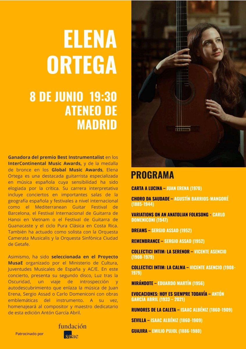 Elena Ortega (@elenaortpin) on Twitter photo 🎶 ¡Este domingo os espero en el Ateneo de Madrid! 🎸
Un concierto dentro del <a href="/madridguitfest/">Festival Internacional de Guitarra de Madrid</a> en el que interpretaré Luz tras la Oscuridad y rendiré homenaje a Antón García Abril.
Entradas en el enlace 👇
festivalguitarramadrid.koobin.com/elena-ortega 🎶 ¡Este domingo os espero en el Ateneo de Madrid! 🎸
Un concierto dentro del <a href="/madridguitfest/">Festival Internacional de Guitarra de Madrid</a> en el que interpretaré Luz tras la Oscuridad y rendiré homenaje a Antón García Abril.
Entradas en el enlace 👇
festivalguitarramadrid.koobin.com/elena-ortega