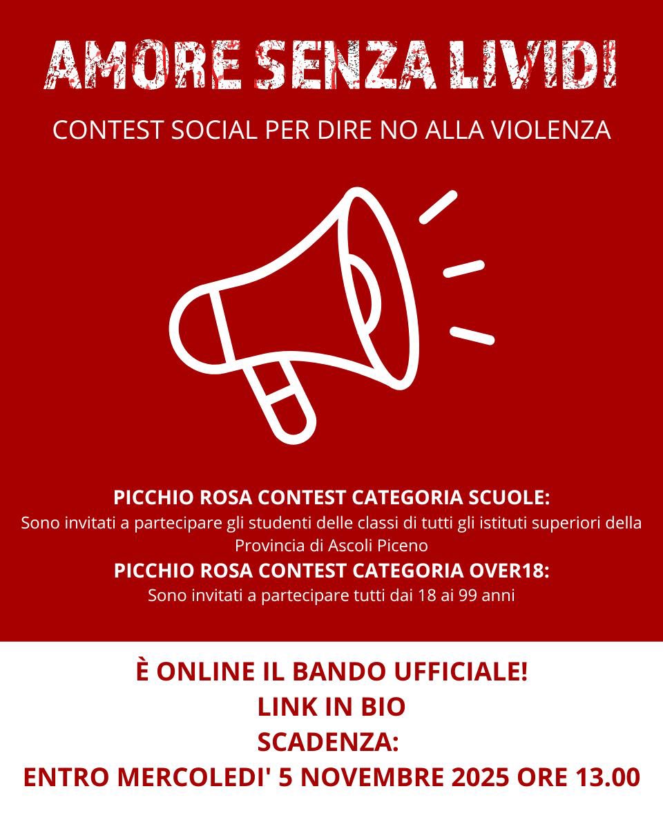 ApEventsaps's tweet image. 📢 Online il bando di “AMORE SENZA LIVIDI” – Il contest social contro la violenza!
👩‍🎓 Per studenti delle scuole superiori di Ascoli Piceno
🧑‍💼 Over 18: aperto a tutti fino a 99 anni
📅 Scade il 5/11/2025 h 13:00
🔗 ap-events-aps.webnode.it/amore-senza-li…
#NoViolenza #AmoreSenzaLividi