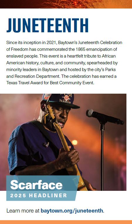 Check out the latest Baytown Voice Magazine to learn all about Baytown’s upcoming Juneteenth Celebration of Freedom featuring Scarface!

For more events and to read the latest edition, visit: nxtbook.com/cityofbaytownt… 
 
#BaytownVoice #Juneteenth #CelebrateBaytown