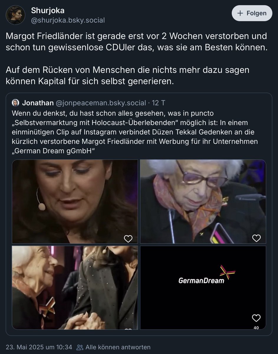Tobias Huch (@tobiashuch) on Twitter photo Die umstrittene Streamerin #Shurjoka (Pia Scholz) hetzt gegen die Menschenrechtsaktivistin <a href="/DuezenTekkal/">Dรผzen Tekkal</a>. #Tekkal ist Mitglied des Kuratoriums der Margot Friedlรคnder-Stiftung und war eng befreundet mit #Friedlรคnder.
Dรผzen Tekkal hat fรผr ihr Engagement das Bundesverdienstkreuz am Die umstrittene Streamerin #Shurjoka (Pia Scholz) hetzt gegen die Menschenrechtsaktivistin <a href="/DuezenTekkal/">Dรผzen Tekkal</a>. #Tekkal ist Mitglied des Kuratoriums der Margot Friedlรคnder-Stiftung und war eng befreundet mit #Friedlรคnder.
Dรผzen Tekkal hat fรผr ihr Engagement das Bundesverdienstkreuz am