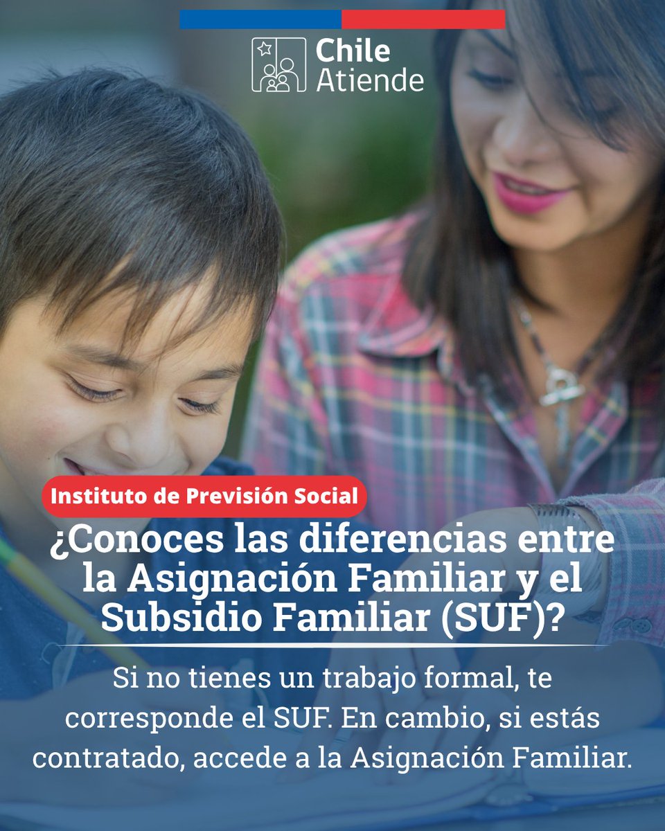 🤔 ¿Sabías que el Subsidio Único Familiar no es lo mismo que la Asignación Familiar?

👧👦 Si trabajas o recibes una pensión, te corresponde la Asignación Familiar 👉 tinyurl.com/mep2r3xt

⚠️ Si no tienes previsión, postula al SUF en tu municipio.